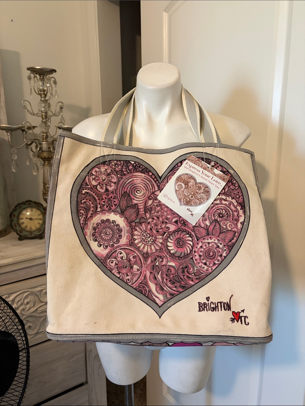 Brighton Cream Tote with Pink Heart Motif